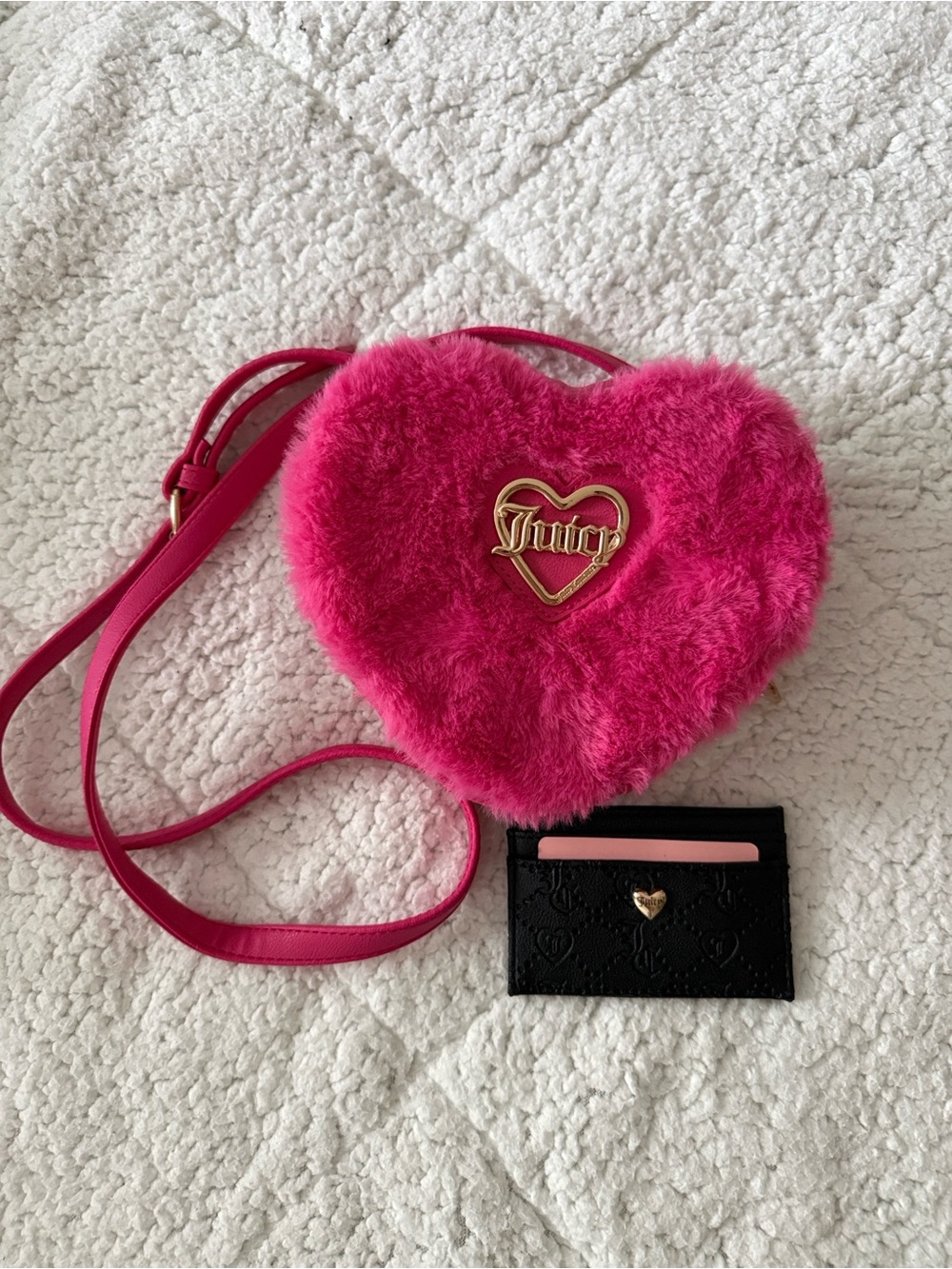 Juicy Couture Hot Pink Heart Faux-Fur Crossbody with Gold Logo and card holder